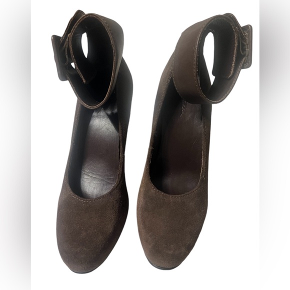 LL Bean Suede Platform Slip Om Adjustable Strap Pump Heels size 7.5 Brown - Picture 2 of 16